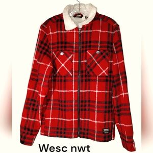 WeSC Liam Fleece Zipper Jacket S red check Plaid nwt